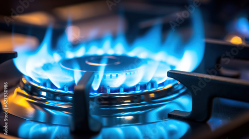The closeup reveals the brilliant blue hue of the flames as the propane gas burns in the kitchen stove.
