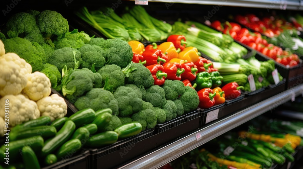 Super fresh vegetables on shelf in market store. Generative AI