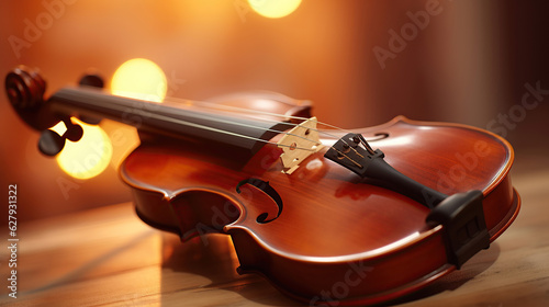 In the close-up shot, the violin's craftsmanship is revealed, highlighting the fine grain of the wood and the graceful curves of the instrument.