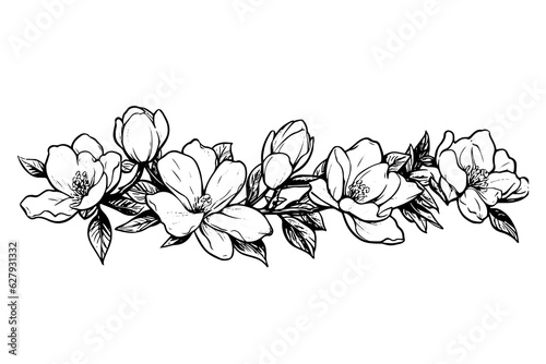 Hand drawn magnolia flower ink sketch. Engraving style vector illustration. #627931332