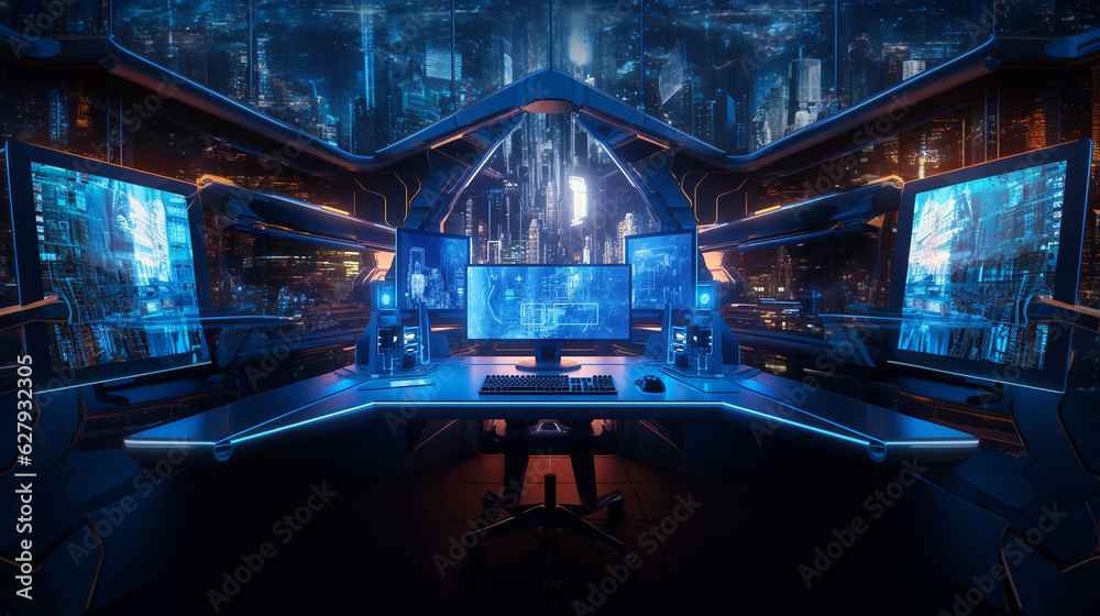 Cyberpunk room with lots of screens, Generative Ai