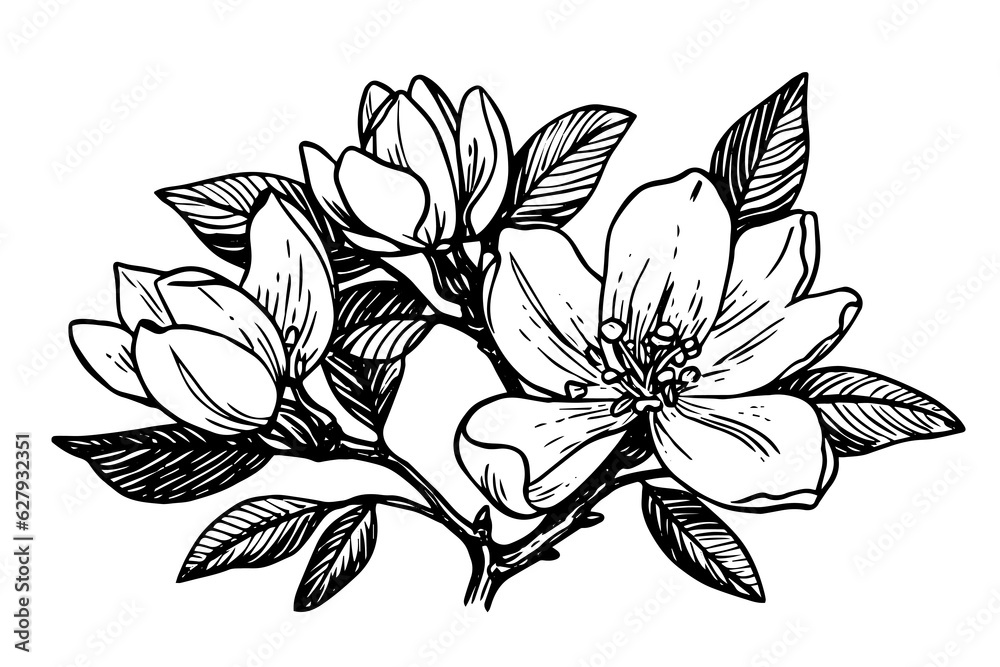 Hand drawn magnolia flower ink sketch. Engraving style vector illustration