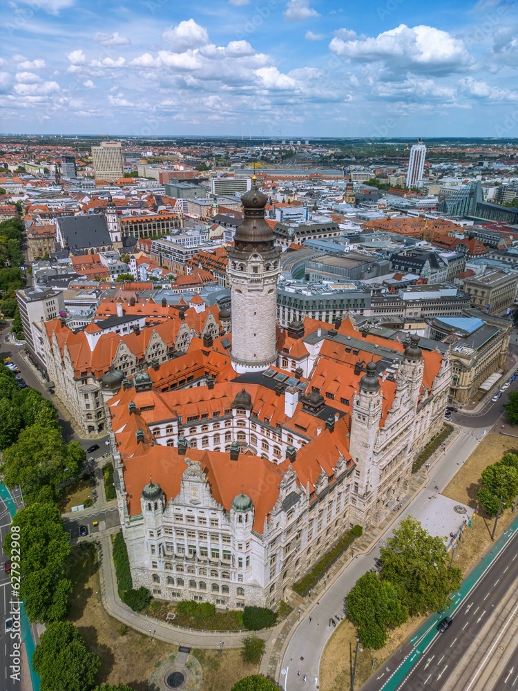 The drone aerial view of new town hall and old town of Leipzig, Germany.