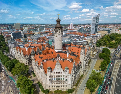 Obraz na plátně The drone aerial view of new town hall and old town of Leipzig, Germany