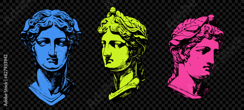 Set of color antique statue head of greek sculpture sketch engraving style vector illustration pack