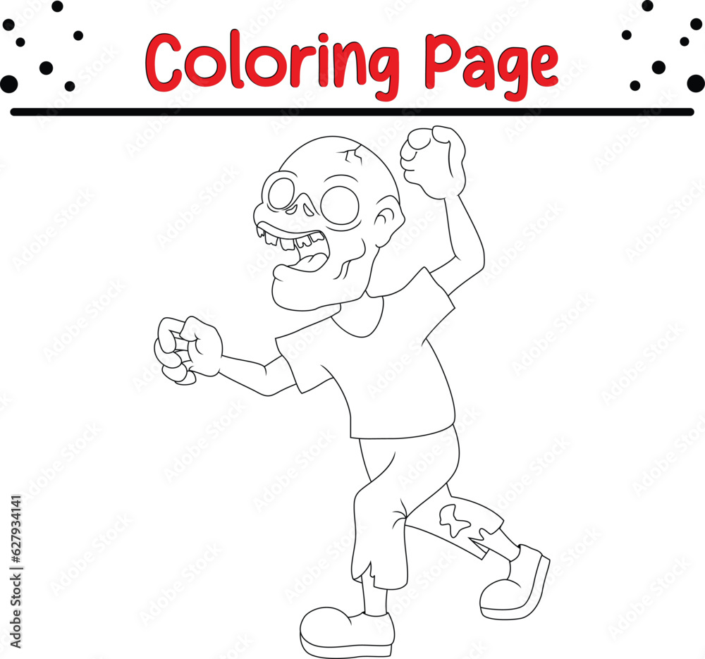 Halloween zombie coloring page for kids. Halloween celebration coloring book page illustration