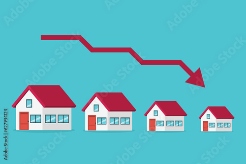 Housing price falling down, real estate or housing price rising low prices. Property and housing market collapse. Recession, Housing, Real Estate Crisis.