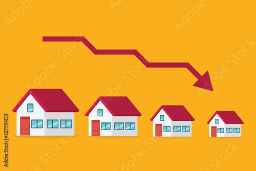 Housing price falling down, real estate or housing price rising low prices. Property and housing market collapse. Recession, Housing, Real Estate Crisis.