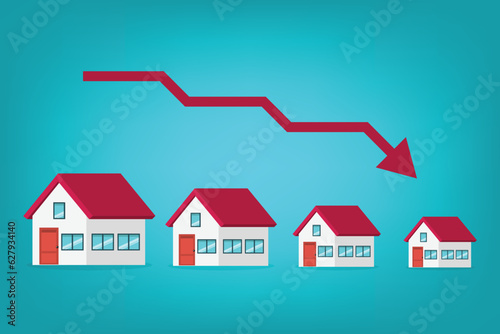 Housing price falling down, real estate or housing price rising low prices. Property and housing market collapse. Recession, Housing, Real Estate Crisis.