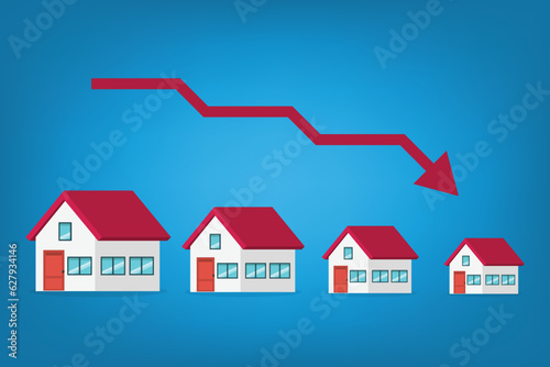 Housing price falling down, real estate or housing price rising low prices. Property and housing market collapse. Recession, Housing, Real Estate Crisis.