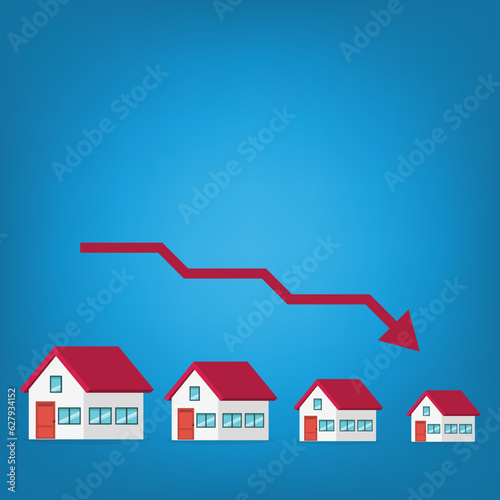 Housing price falling down, real estate or housing price rising low prices. Property and housing market collapse. Recession, Housing, Real Estate Crisis.