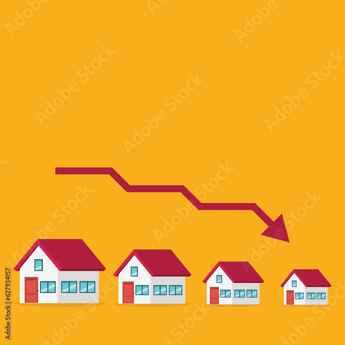 Housing price falling down, real estate or housing price rising low prices. Property and housing market collapse. Recession, Housing, Real Estate Crisis.