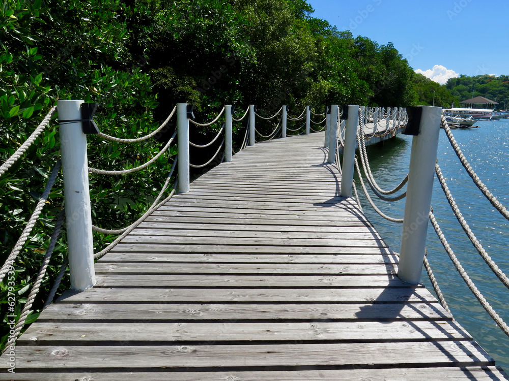 Obraz premium Wooden bridge in the forest. Pier. Wooden bridge in the park. A wooden bridge with a rope railing leads to the sea along dense trees.