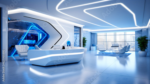 Technology company reception, with a futuristic high tech design, in white and blue colors