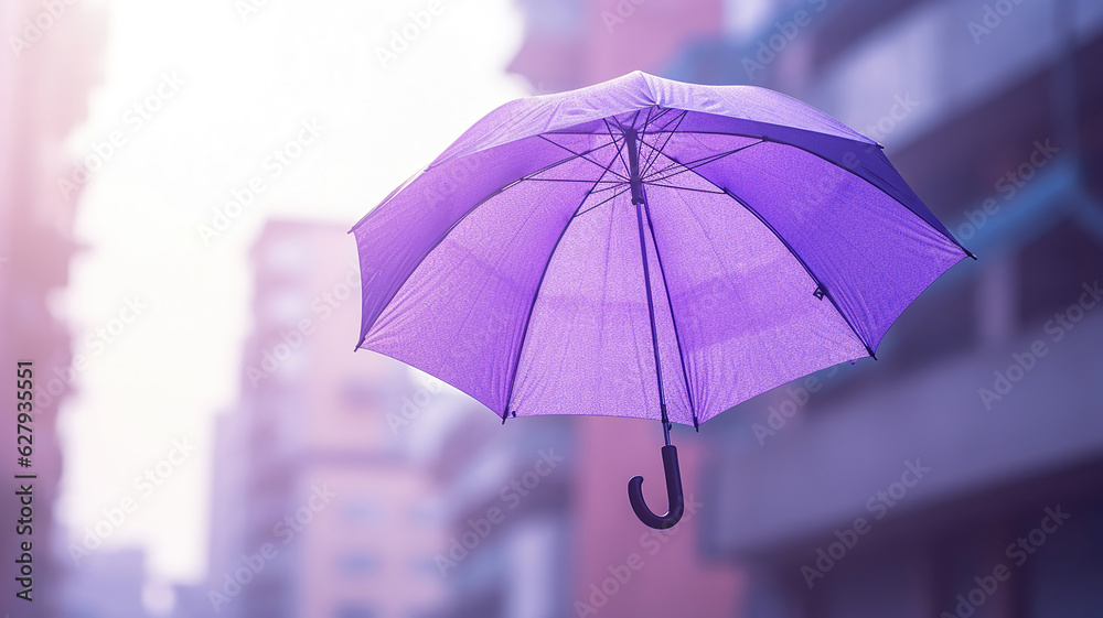 Floating above the streets are purple umbrellas in the air