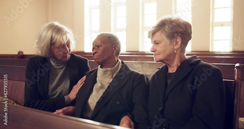 Funeral, church and senior women for comfort for empathy, compassion and support. Depression, friends and sad female people with care for mourning, grief and sorrow in chapel for death ceremony