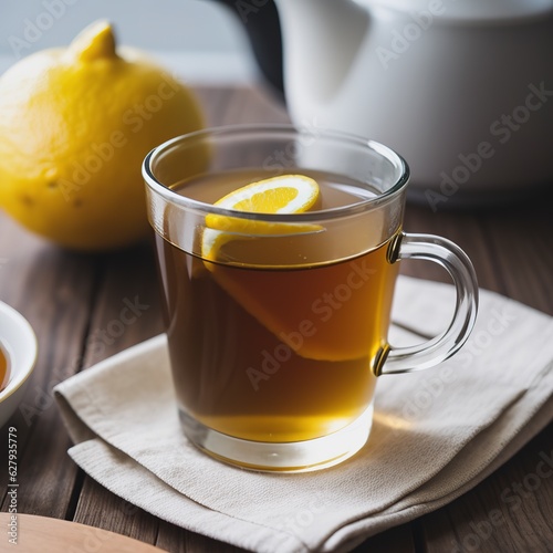 Hot tea with lemon and scarf. Winter time. Selective focus