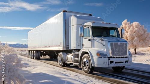 White industrial heavy commercial long haul semi-truck frozen cargo in refrigerated semi-trailer drives on the interstate multi-lane highway with one-way traffic direction.