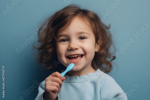 Child brushing teeth isolated on pastel blue background, Generative AI