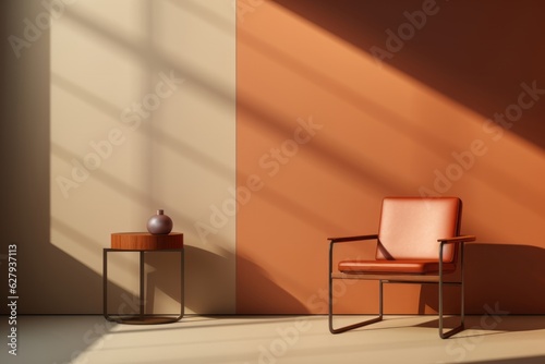 The Comfort of Home, Hazy Light, Leather Chair, and the Warmth of Light Orange and Bronze Minimalist, generative ai