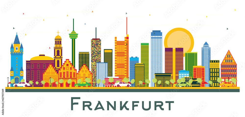 Frankfurt Germany City Skyline with Color Buildings Isolated on White.