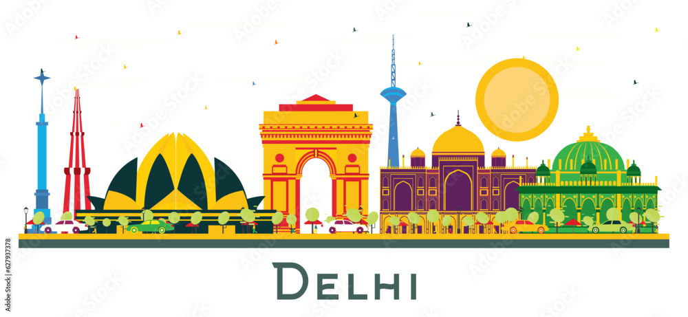 Delhi India City Skyline with Color Buildings Isolated on White. Delhi India City Skyline with Color Buildings Isolated on White.