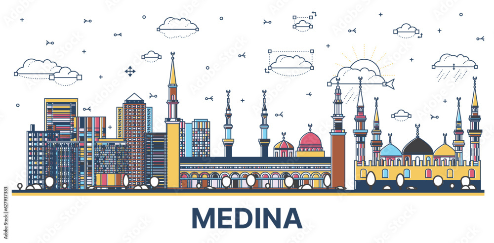 Obraz premium Outline Medina Saudi Arabia City Skyline with Colored Modern and Historic Buildings Isolated on White.