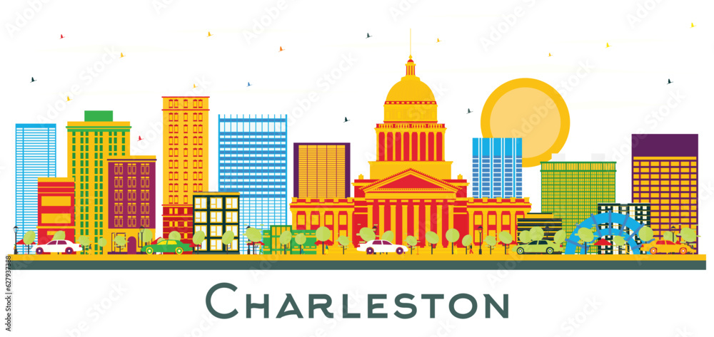 Naklejka premium Charleston City Skyline with Color Buildings Isolated on White. West Virginia.