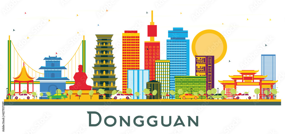Dongguan China City Skyline with Color Buildings Isolated on White.