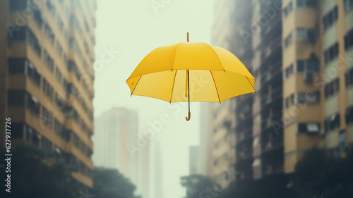 Floating above the streets are yellow umbrellas in the air