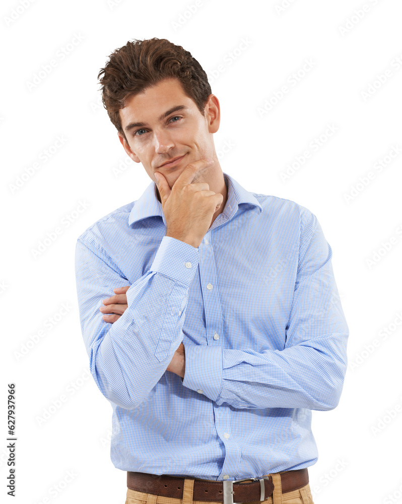 Thinking, portrait and business man for career, job or project confidence isolated on transparent, png background. Face of Handsome professional person, employee or worker for problem solving success Thinking, portrait and business man for career, job or project confidence isolated on transparent, png background. Face of Handsome professional person, employee or worker for problem solving success