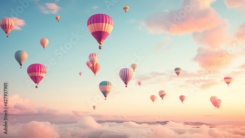 Colorful hot air balloons drift across the sky