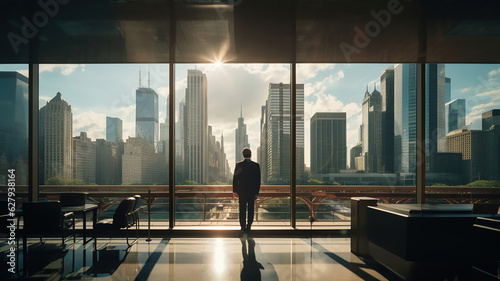 high-rise office building with the city skyline as the backdrop photo