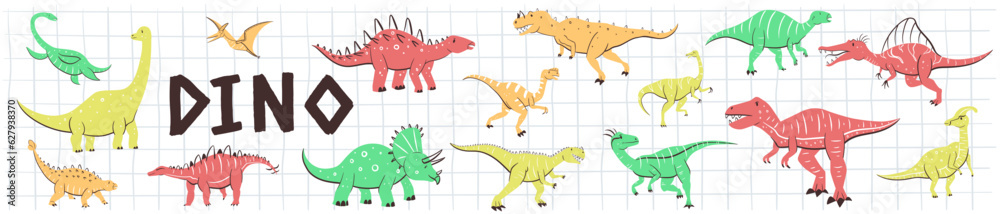 Naklejka premium Cute Dinosaurs set. Hand drawn. Doodle cartoon dinosaur characters for nursery posters, cards, kids t-shirts. Vector illustration. Isolated Dino on white background.