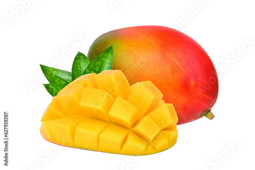 whole and slice ripe mango fruit with green leaves isolated PNG