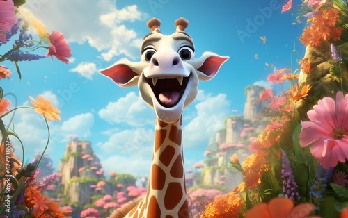 A giraffe fairy tale character in a jungle setting, Generative Ai
