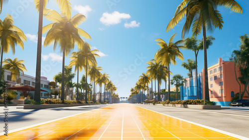 Fotografiet bright yellow line dividing the street and the palm trees