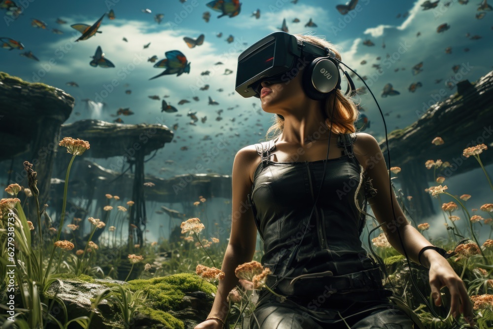 Excited wearing VR headset with a big smile on face, enjoying a virtual reality experience that sparks wonder and joy. Generative AI Excited wearing VR headset with a big smile on face, enjoying a virtual reality experience that sparks wonder and joy. Generative AI