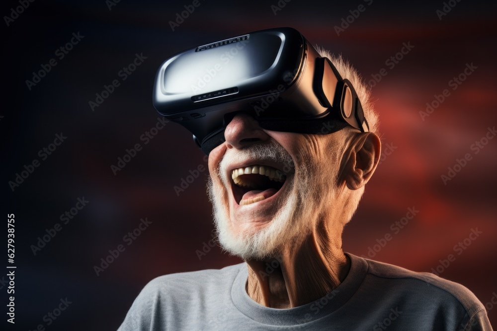 Excited Senior man wearing VR headset with a big smile on face, enjoying a virtual reality experience that sparks wonder and joy. Generative AI Excited Senior man wearing VR headset with a big smile on face, enjoying a virtual reality experience that sparks wonder and joy. Generative AI