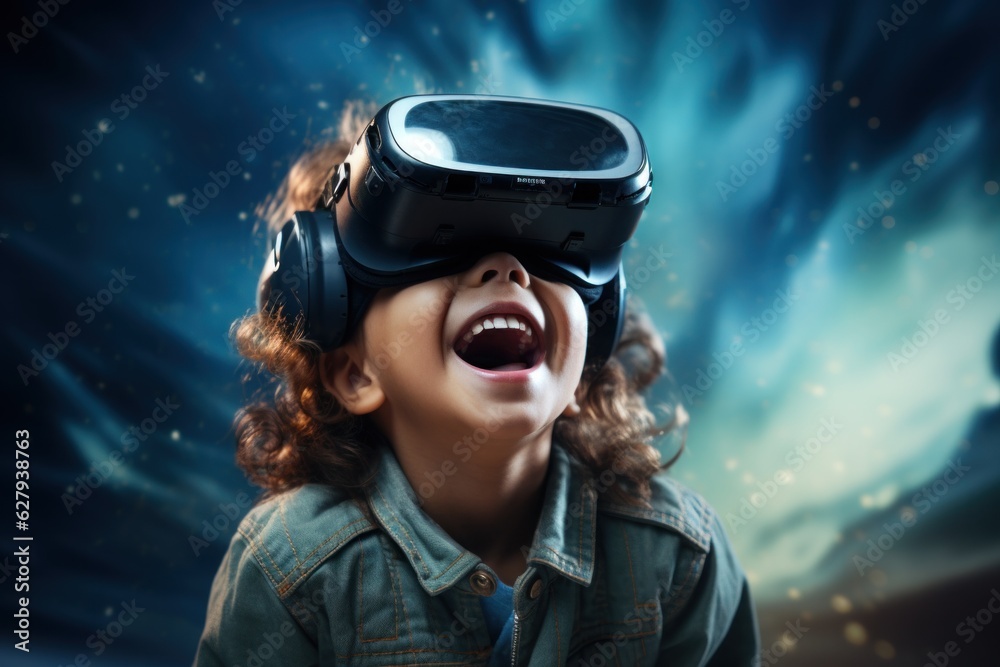 Excited child or kid wearing VR headset with a big smile on face, enjoying a virtual reality experience that sparks wonder and joy. Generative AI Excited child or kid wearing VR headset with a big smile on face, enjoying a virtual reality experience that sparks wonder and joy. Generative AI