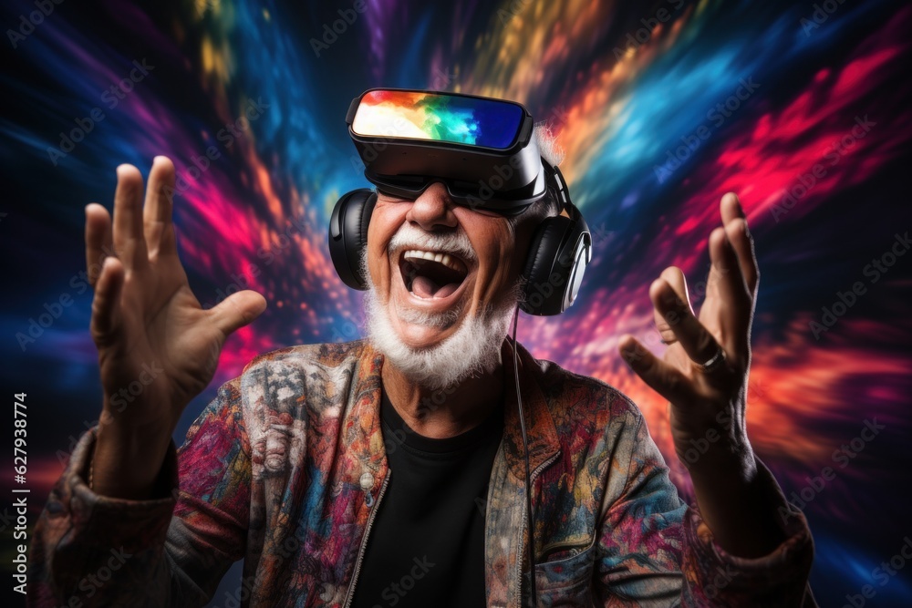 Excited Senior man wearing VR headset with a big smile on face, enjoying a virtual reality experience that sparks wonder and joy. Generative AI Excited Senior man wearing VR headset with a big smile on face, enjoying a virtual reality experience that sparks wonder and joy. Generative AI