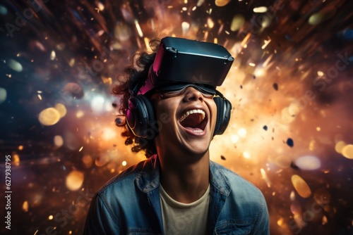 Excited teenage wearing VR headset with a big smile on face, enjoying a virtual reality experience that sparks wonder and joy. Generative AI © Dusit