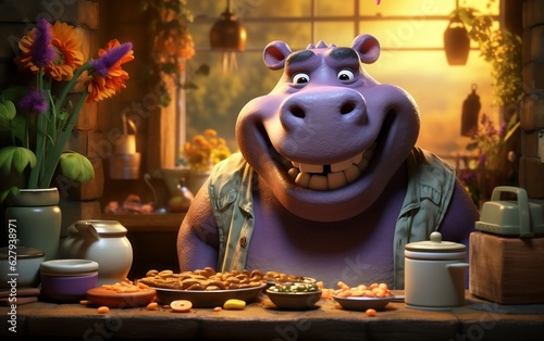 A hippo cooking, depicted in a fairy tale character style, featuring fantasy elements, Generative Ai