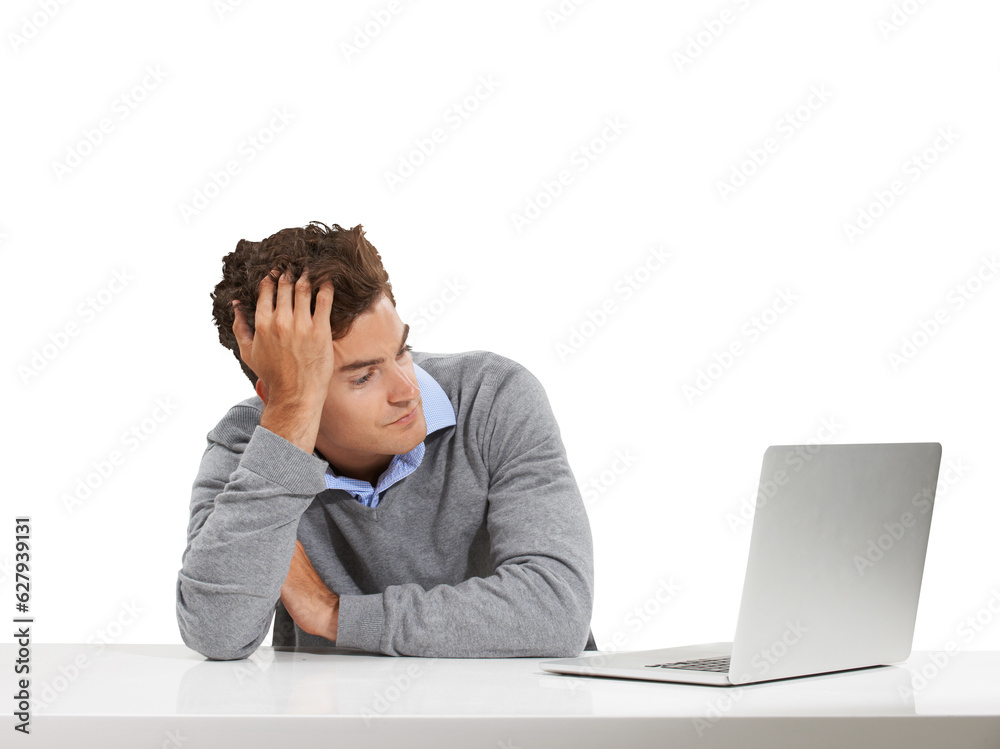Computer work, businessman and bored employee reading and thinking of web data on internet. Tired, online and young professional male corporate lawyer on laptop isolated by transparent png background Computer work, businessman and bored employee reading and thinking of web data on internet. Tired, online and young professional male corporate lawyer on laptop isolated by transparent png background