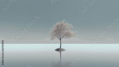 Minimalistic and Peaceful Landscape of a Leafless Tree AI Generated