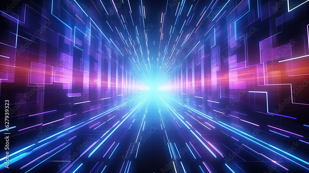 Modern neon light is moving at high speed in the background of a data network