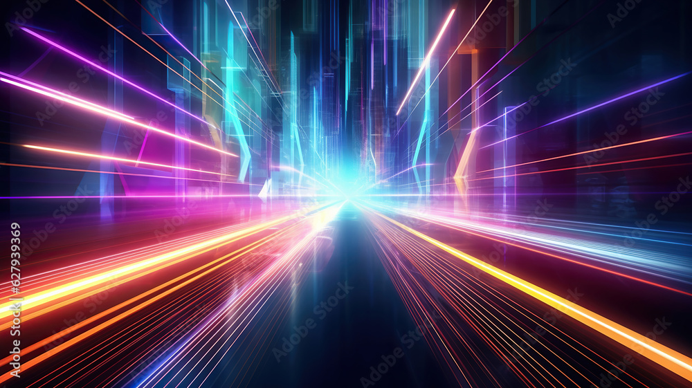 Modern neon lights moving at high speed in the background, representing a data network