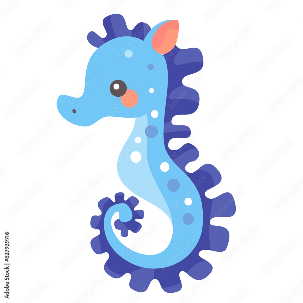Children's flat vector illustration on white background. Cute blue seahorse . Vector illustration Children's flat vector illustration on white background. Cute blue seahorse . Vector illustration