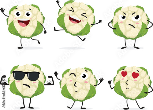 Cartoon funny Cauliflower, set of Cute characters, Isolated on white background 