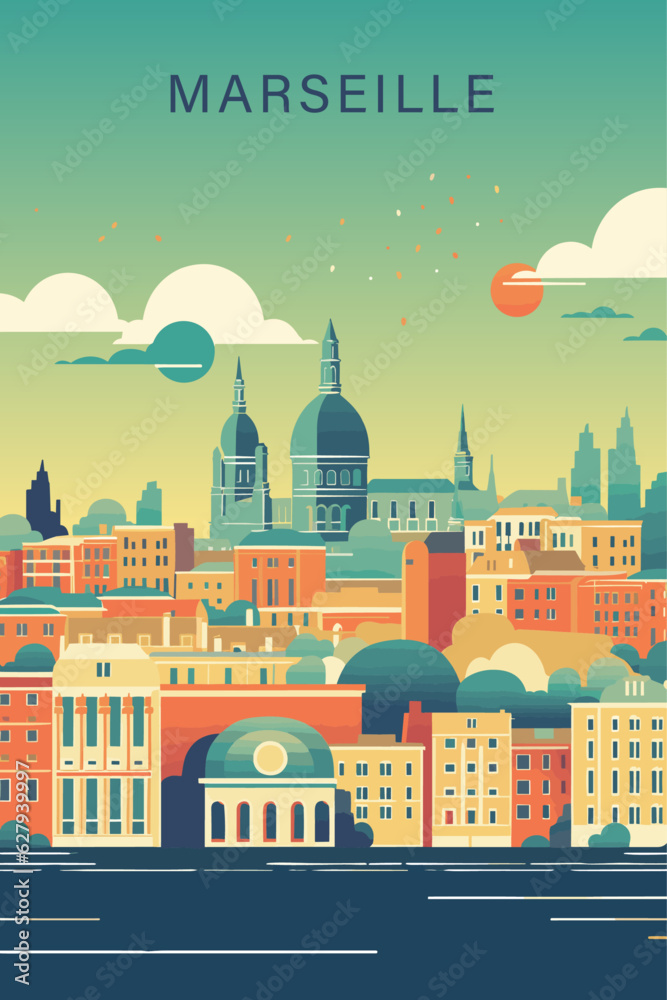 Obraz premium France Marseille retro city poster with abstract shapes of skyline, landmarks and port. Vintage cityscape travel vector illustration of Provence-Alpes-Côte d'Azur